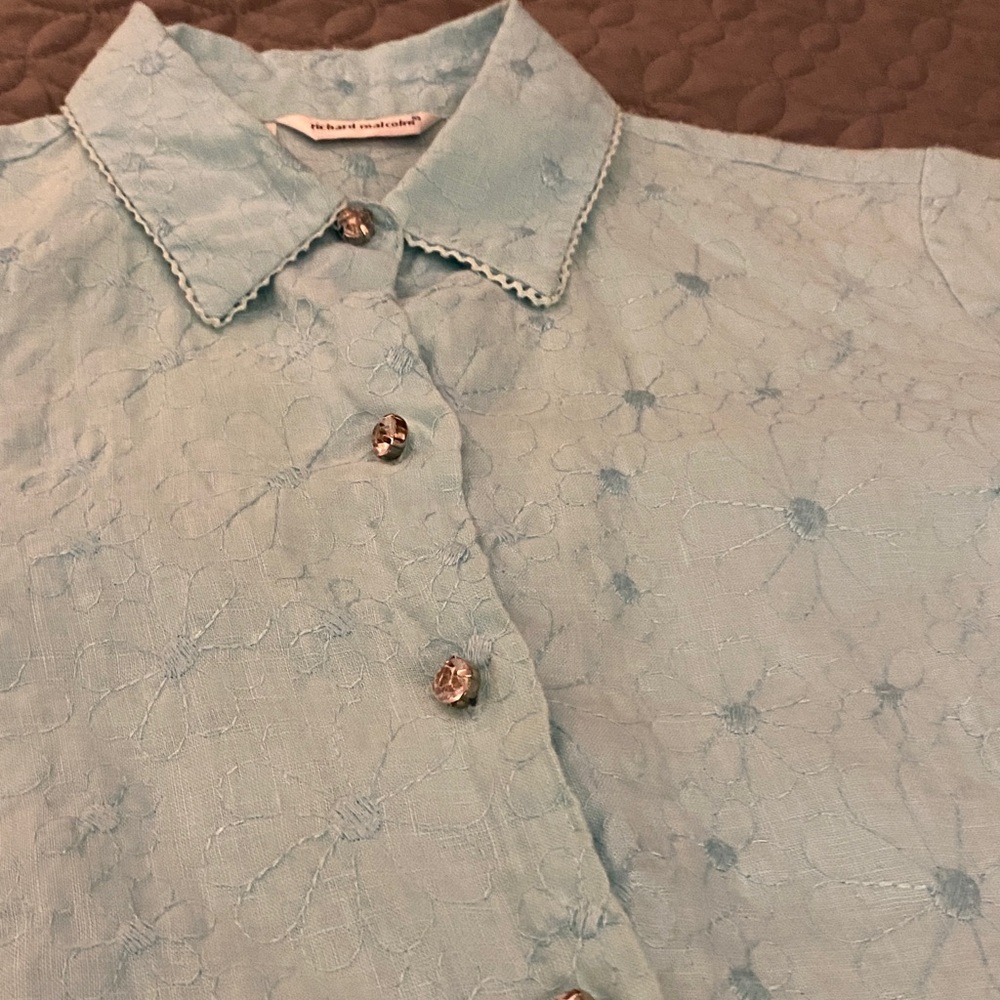 Light Blue Floral Embroidered Button-Up Blouse